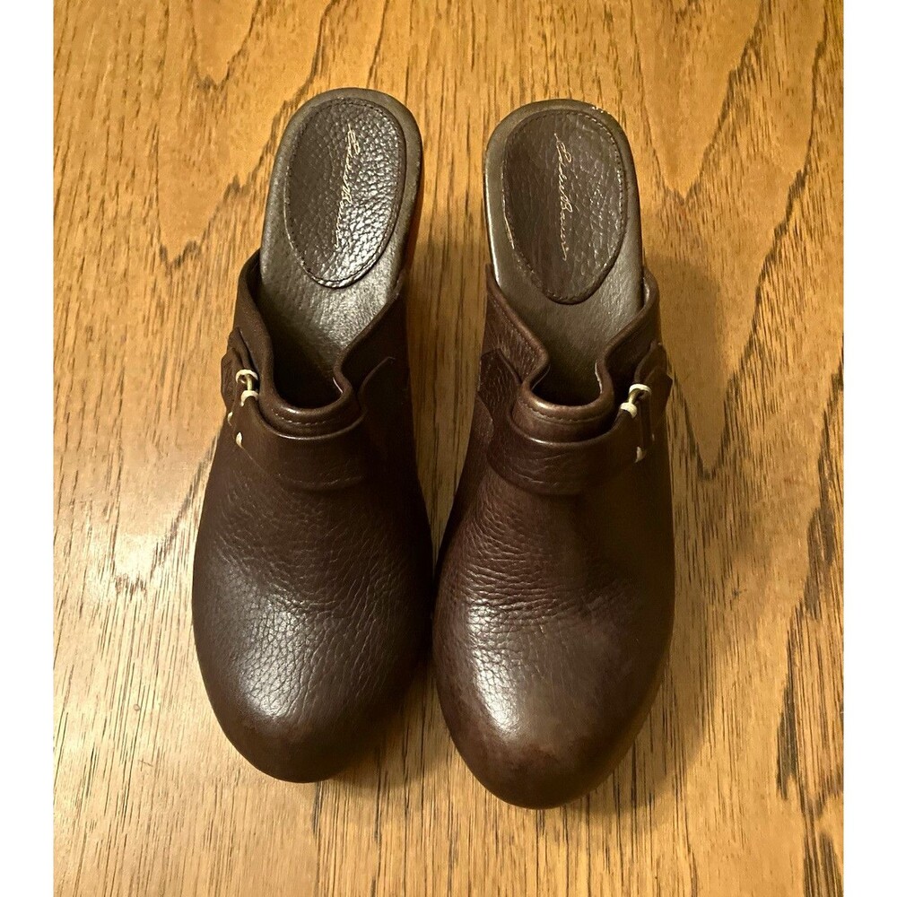 Eddie Bauer Brown Leather Clog Mule Buckle Round Toe Slip On Heel US 8.5